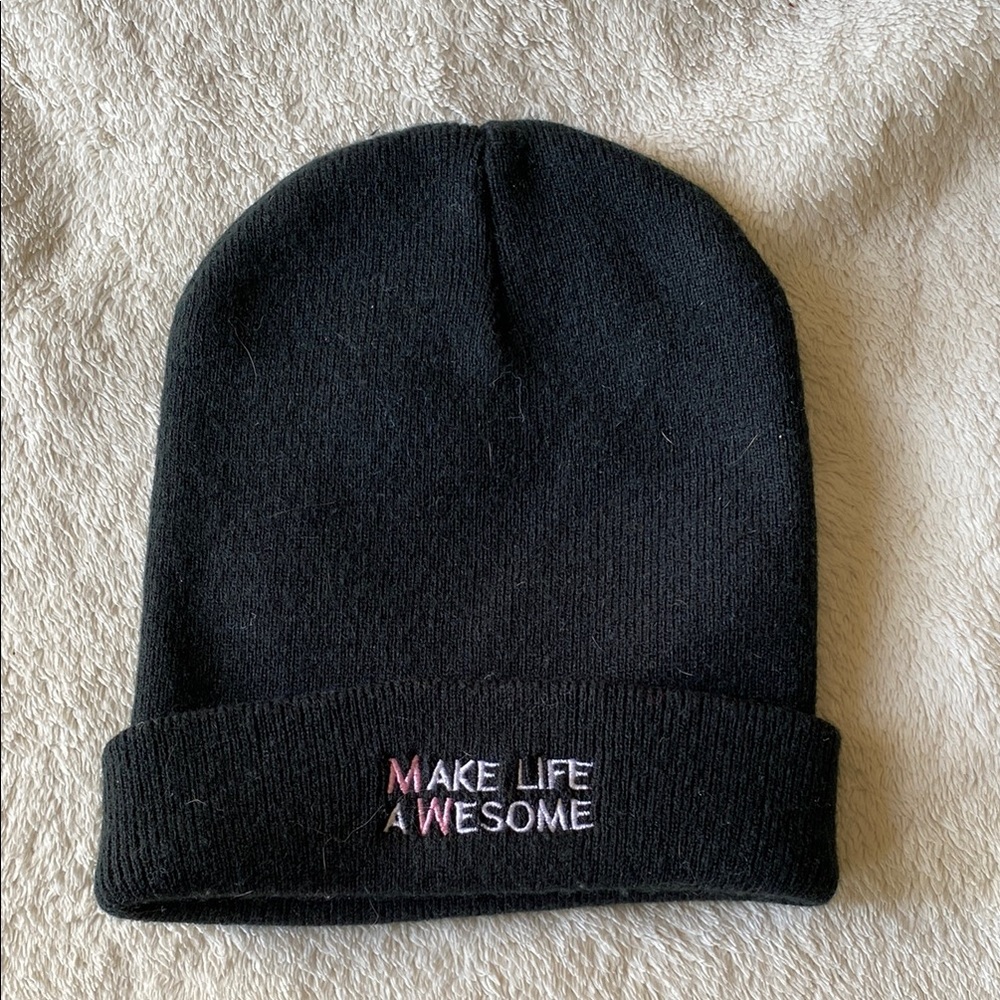 Black Beanie with Embroidered Text